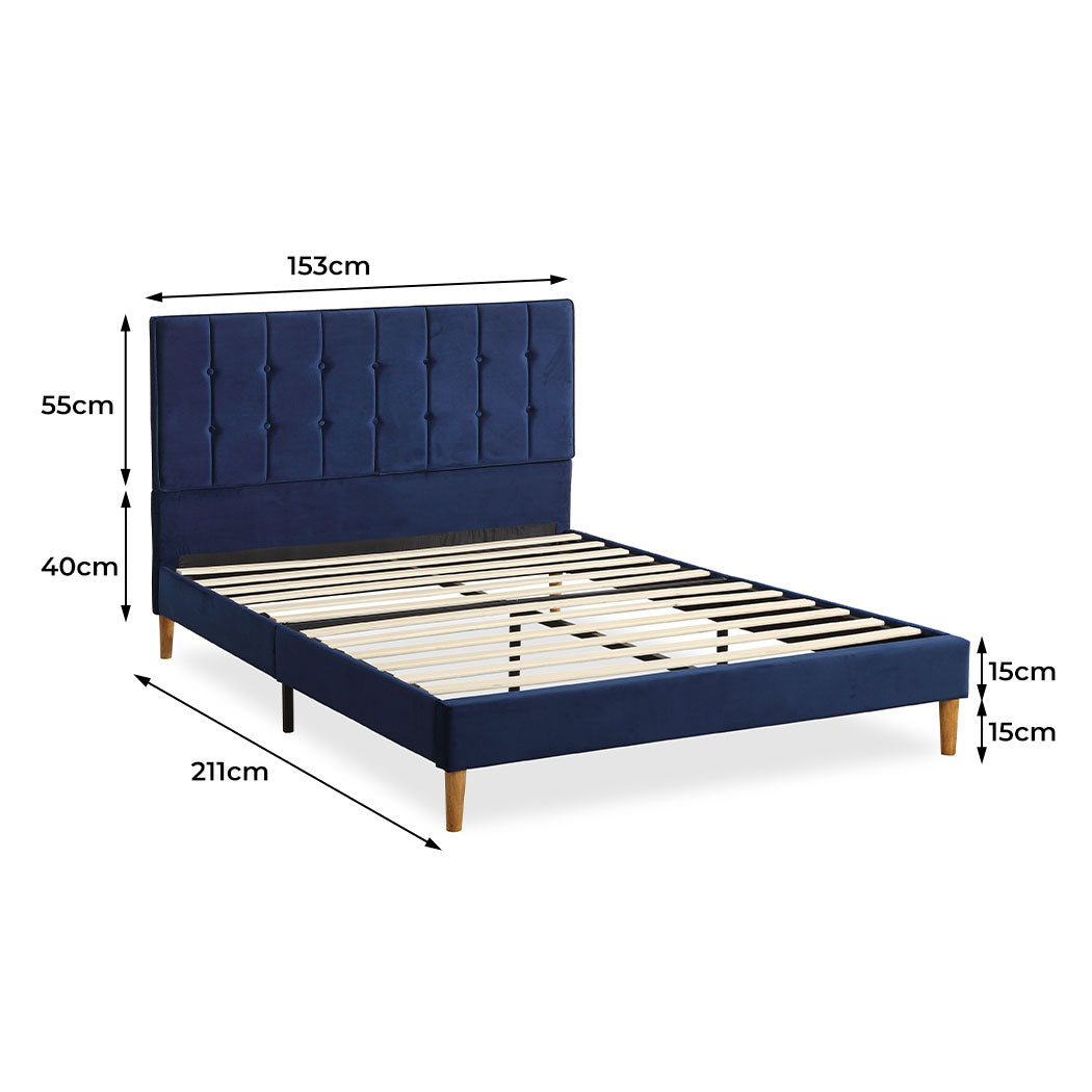 Bed Frame Queen Size Mattress Base Platform Wooden Velevt Headboard Blue - image3