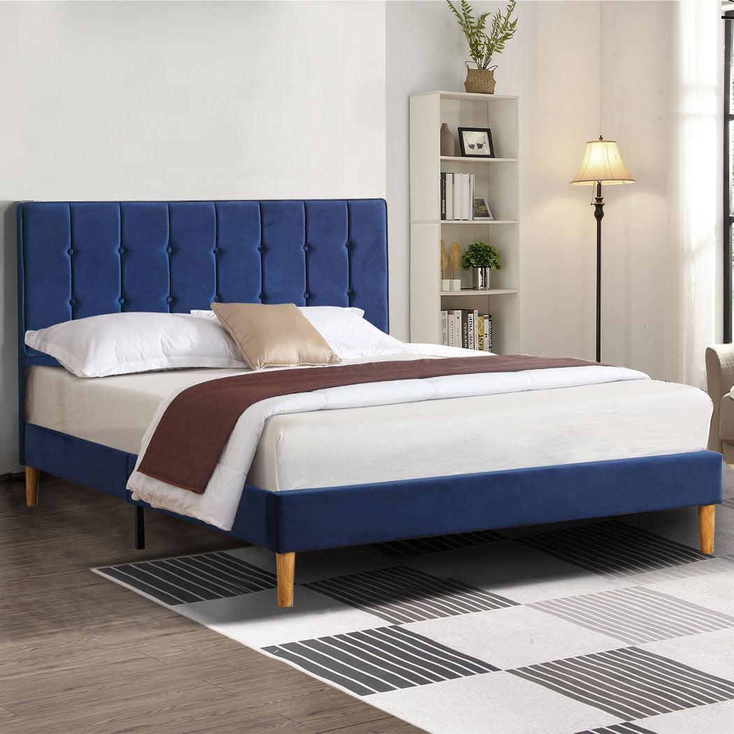 Bed Frame Queen Size Mattress Base Platform Wooden Velevt Headboard Blue - image7