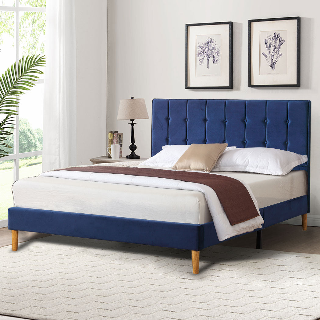 Bed Frame Queen Size Mattress Base Platform Wooden Velevt Headboard Blue - image8