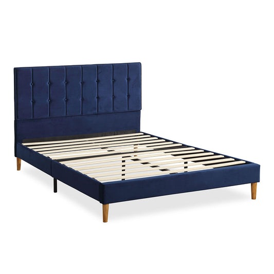 Bed Frame Queen Size Mattress Base Platform Wooden Velevt Headboard Blue - image1