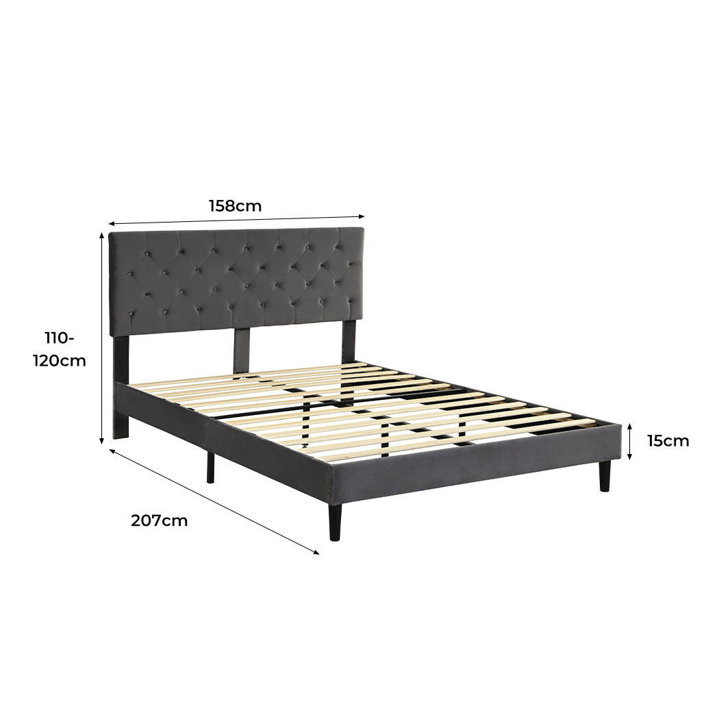 Bed Frame Queen Size Mattress Base Platform Wooden Velevt Headboard Grey - image3