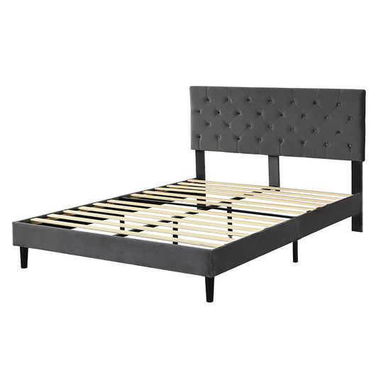 Bed Frame Queen Size Mattress Base Platform Wooden Velevt Headboard Grey - image1