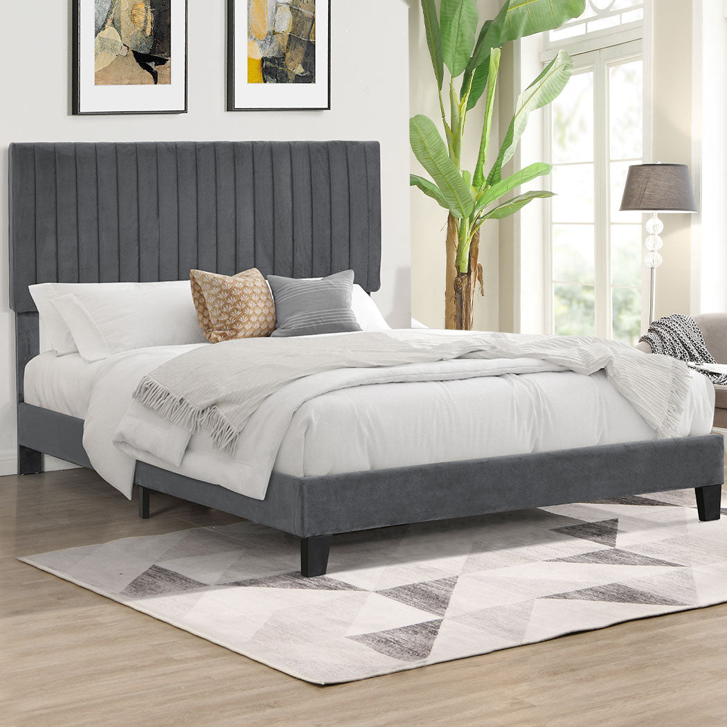 Bed Frame Queen Size Mattress Base Platform Wooden Velevt Headboard Grey - image8