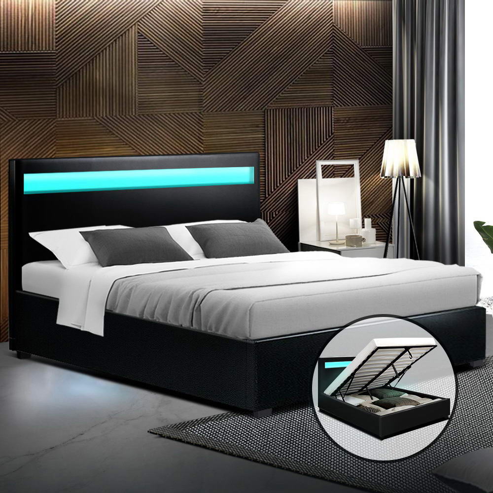 LED Bed Frame PU Leather Gas Lift Storage - Black Double - image7