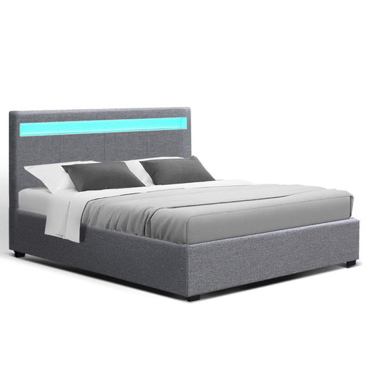 LED Bed Frame Fabric Gas Lift Storage - Grey Double - image1