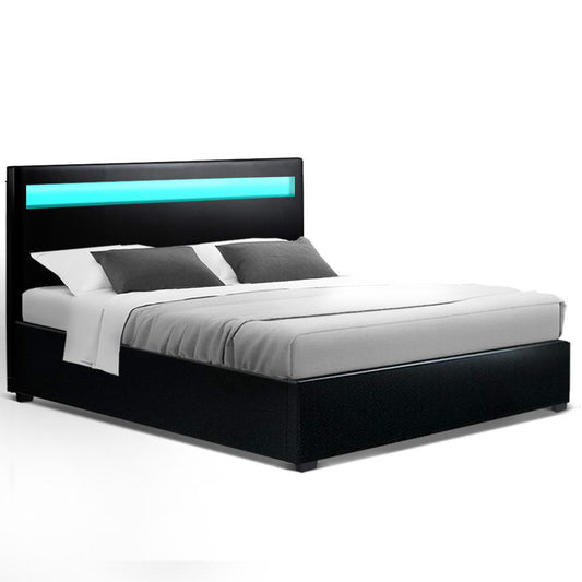 LED Bed Frame PU Leather Gas Lift Storage - Black Queen - image1