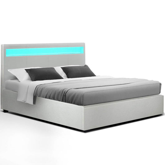LED Bed Frame PU Leather Gas Lift Storage - White Queen - image1