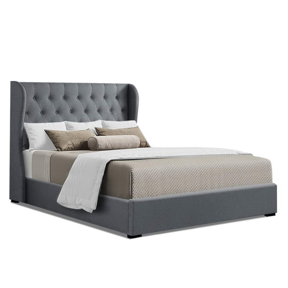 Queen Size Gas Lift Bed Frame Base With Storage Mattress Grey Fabric Wooden - image1