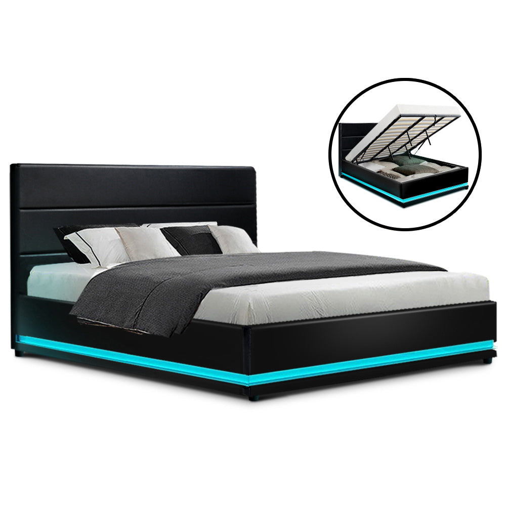 Lumi LED Bed Frame PU Leather Gas Lift Storage - Black King - image1