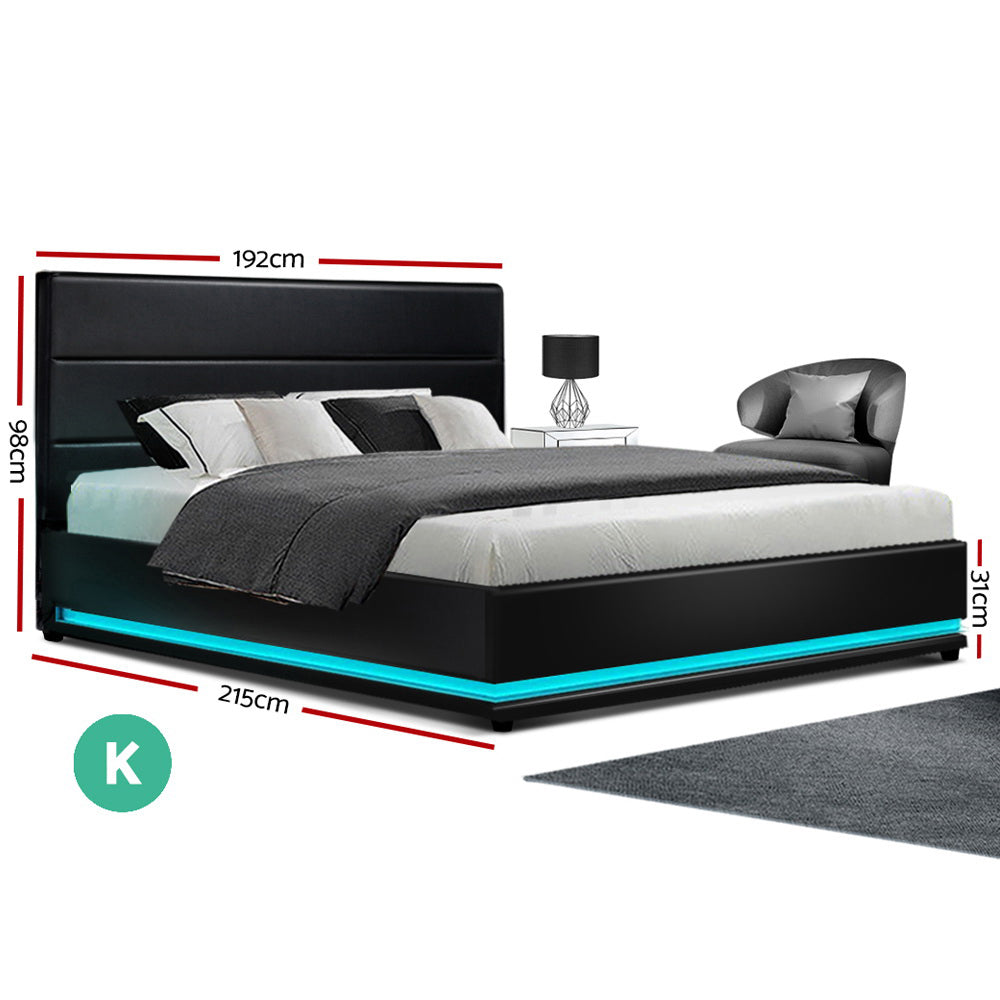 Lumi LED Bed Frame PU Leather Gas Lift Storage - Black King - image2