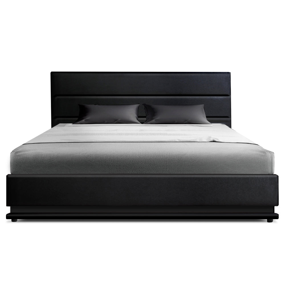 Lumi LED Bed Frame PU Leather Gas Lift Storage - Black King - image3