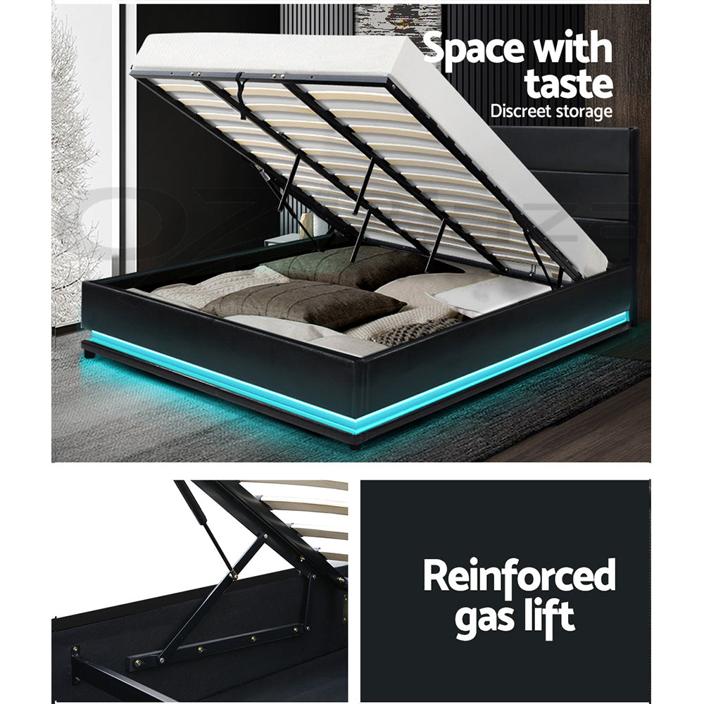 Lumi LED Bed Frame PU Leather Gas Lift Storage - Black King - image6