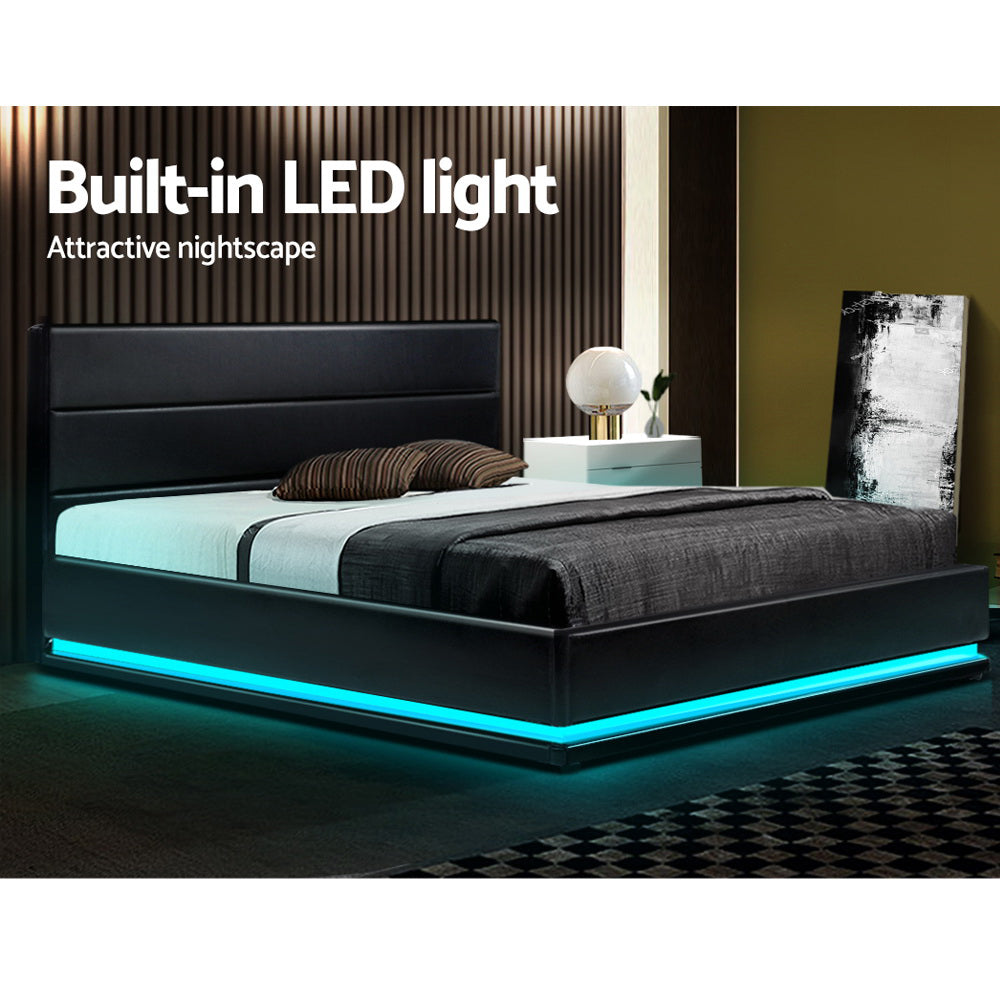 LED Bed Frame Queen Size Gas Lift Base Storage Black Leather LUMI - image4