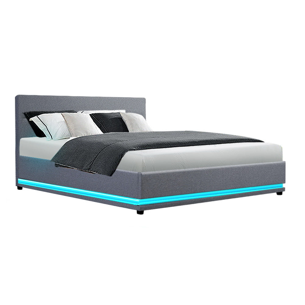 Lumi LED Bed Frame Fabric Gas Lift Storage - Grey Queen - image1