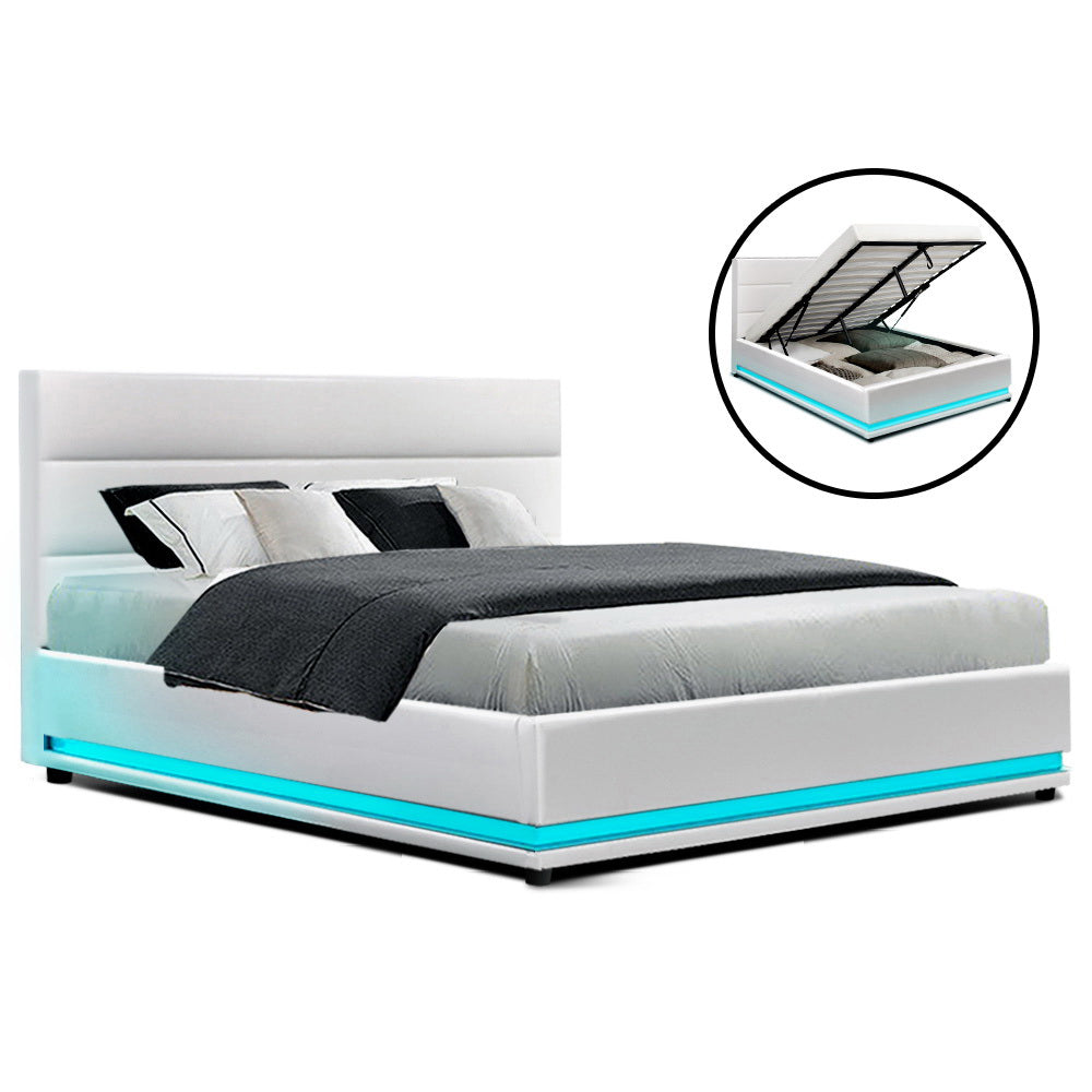 Lumi LED Bed Frame PU Leather Gas Lift Storage - White Queen - image1