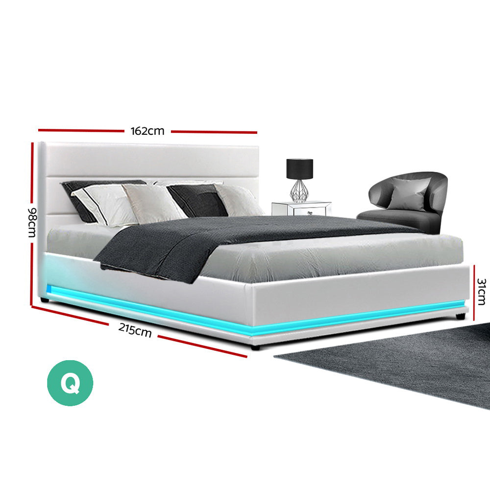 Lumi LED Bed Frame PU Leather Gas Lift Storage - White Queen - image2
