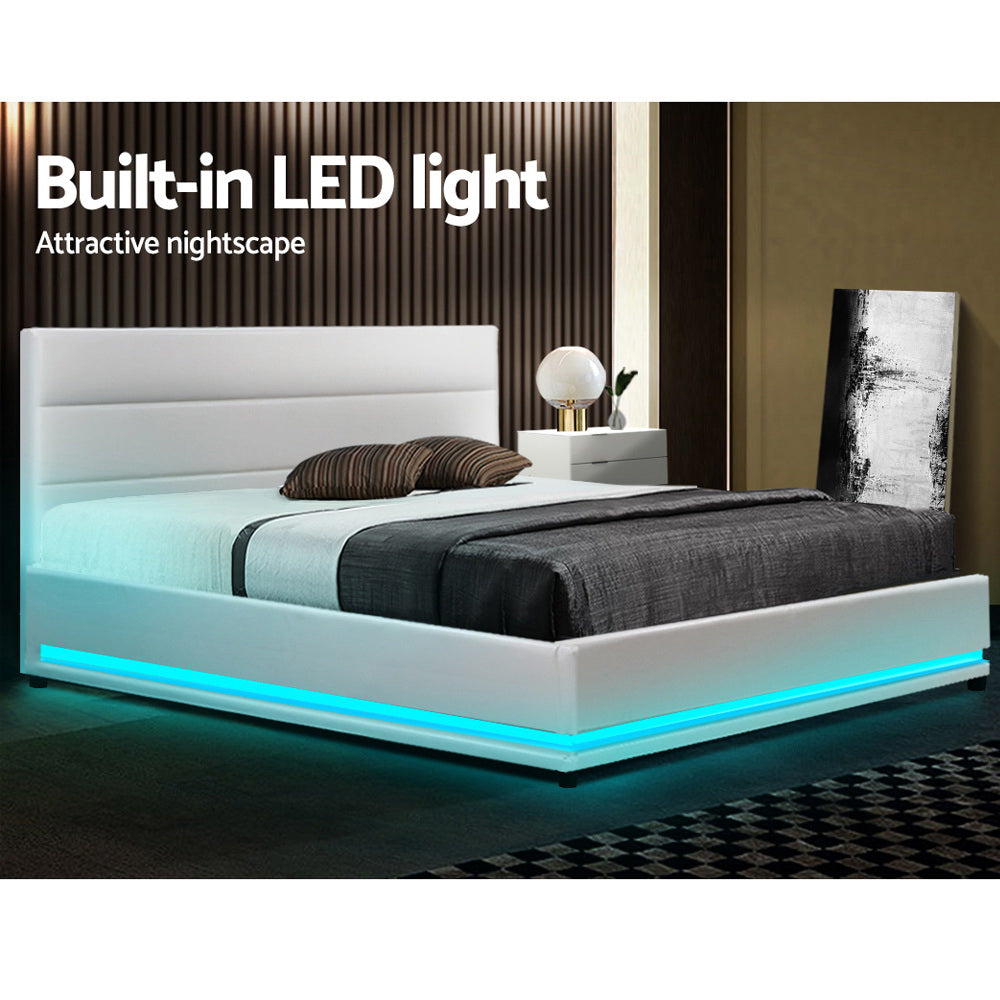 Lumi LED Bed Frame PU Leather Gas Lift Storage - White Queen - image4