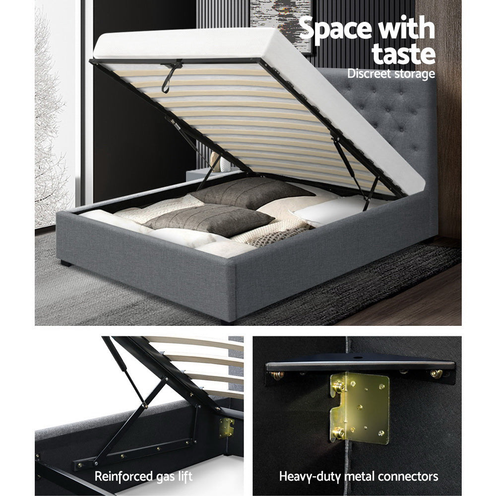 Bed Frame Fabric Gas Lift Storage - Grey King Single - image4