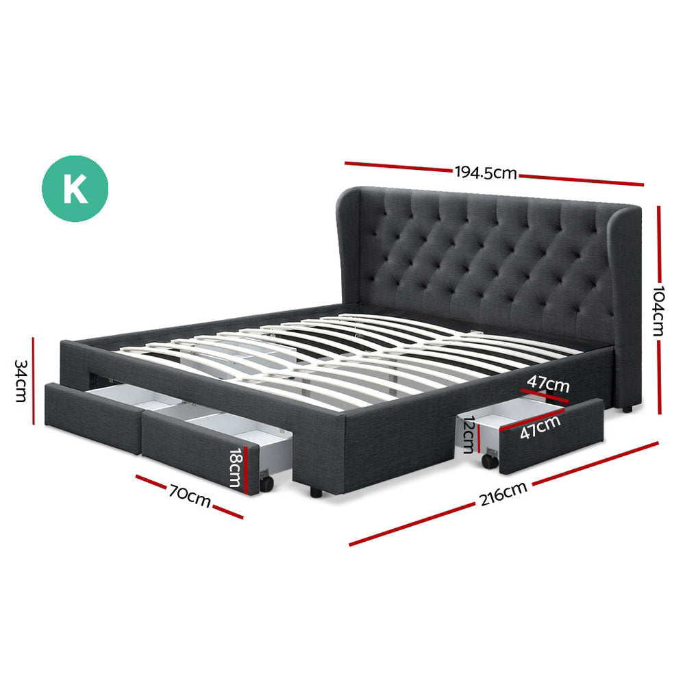 Mila Bed Frame Storage Drawers Fabric - Charcoal King - image2