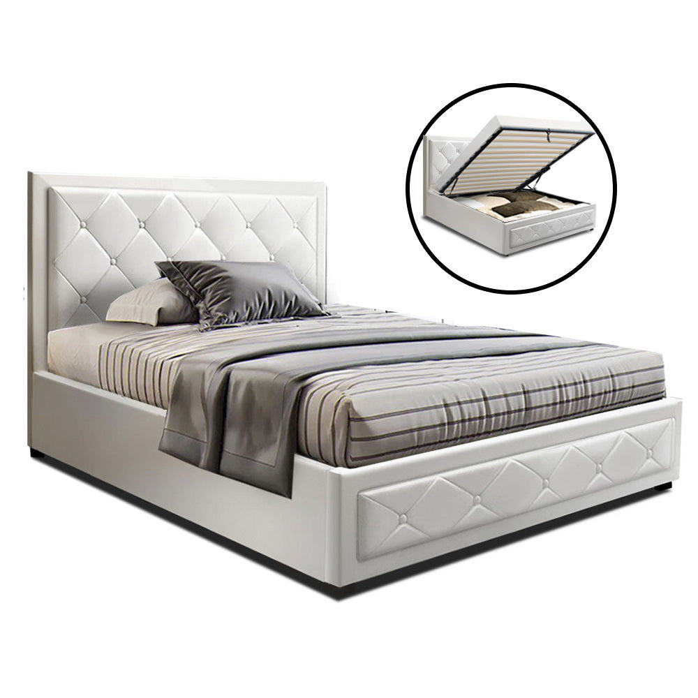 TIYO King Single Size Gas Lift Bed Frame Base With Storage Mattress White Leather - image1