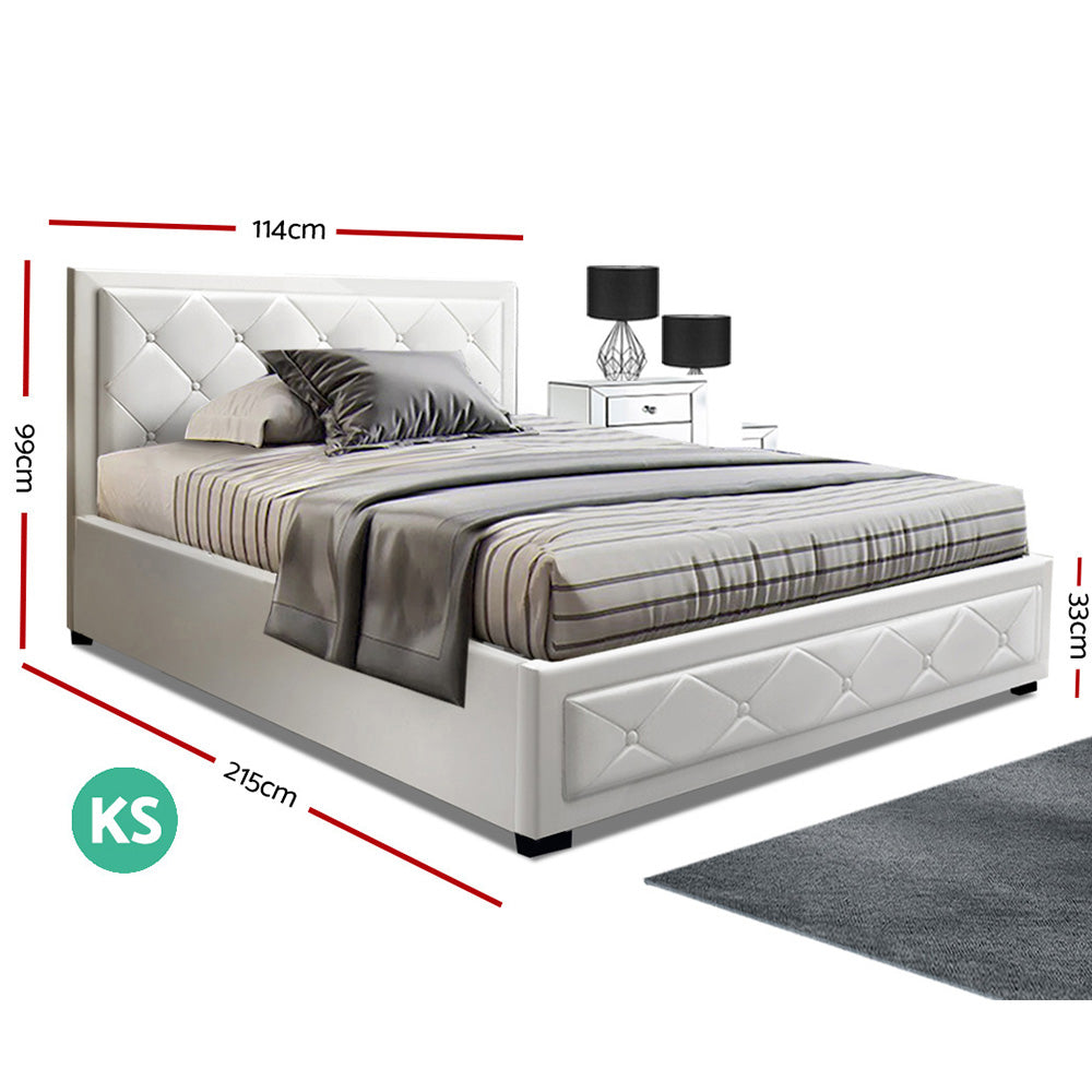 TIYO King Single Size Gas Lift Bed Frame Base With Storage Mattress White Leather - image2