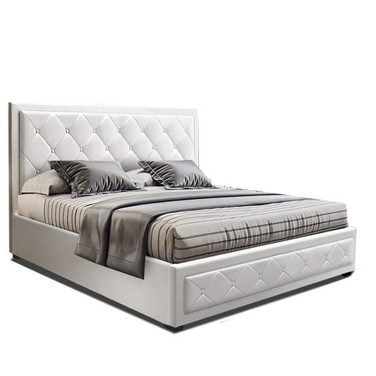 Tiyo Bed Frame PU Leather Gas Lift Storage - White Queen - image1