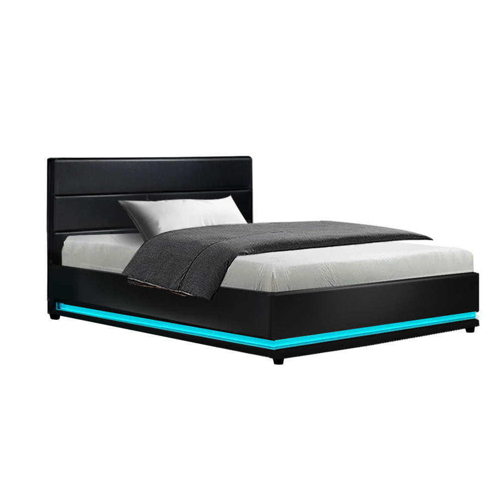 RGB LED Bed Frame King Single Size Gas Lift Base Storage Leather LUMI - image1