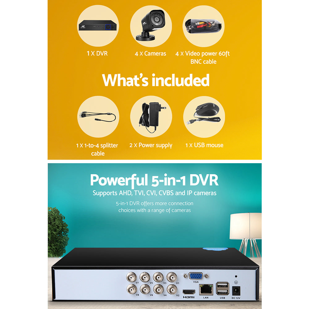 8CH 5 IN 1 DVR CCTV Security System Video Recorder /w 4 Cameras 1080P HDMI Black - image4