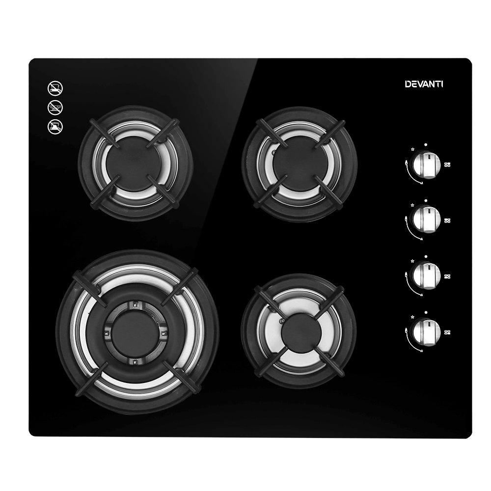 Gas Cooktop 60cm 4 Burner Glass Cook Top Cooker Stove Hob NG LPG Black - image1