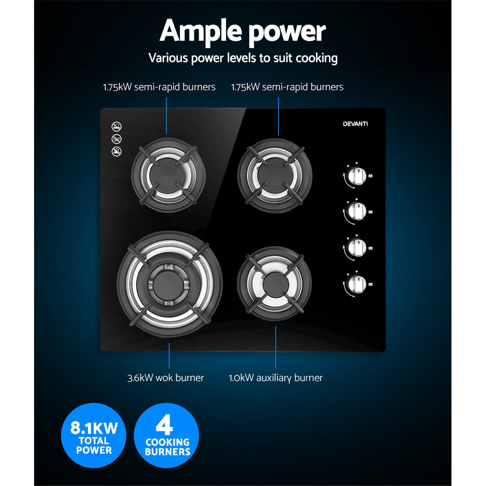 Gas Cooktop 60cm 4 Burner Glass Cook Top Cooker Stove Hob NG LPG Black - image6