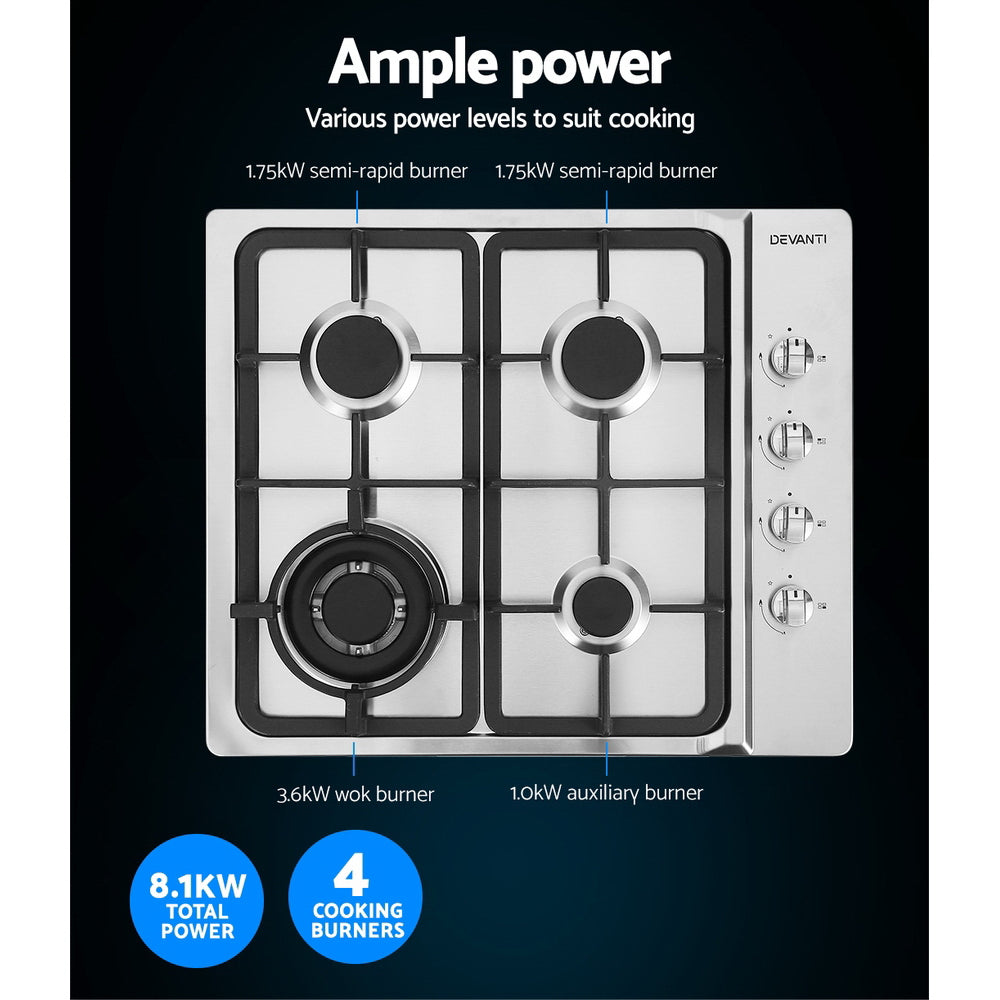 Gas Cooktop 60cm Kitchen Stove 4 Burner Cook Top NG LPG Stainless Steel Silver - image6