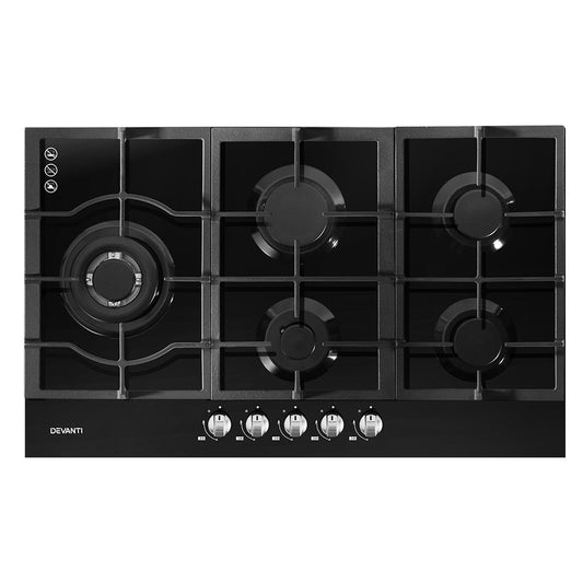 Gas Cooktop 90cm 5 Burner Stove Hob Cooker Kitchen NG LPG Black Glass - image1