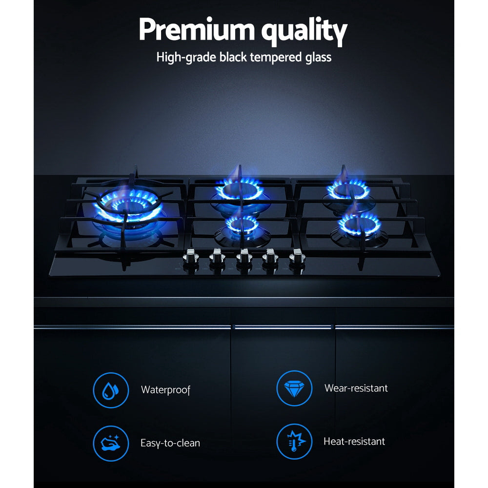 Gas Cooktop 90cm 5 Burner Stove Hob Cooker Kitchen NG LPG Black Glass - image4