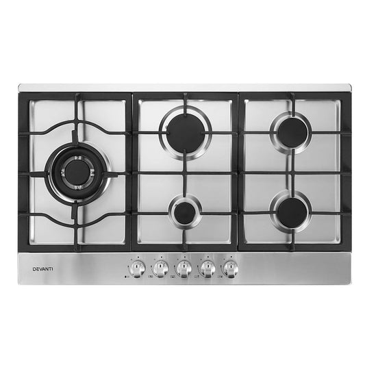 Gas Cooktop 90cm Kitchen Stove Cooker 5 Burner Stainless Steel NG/LPG Silver - image1
