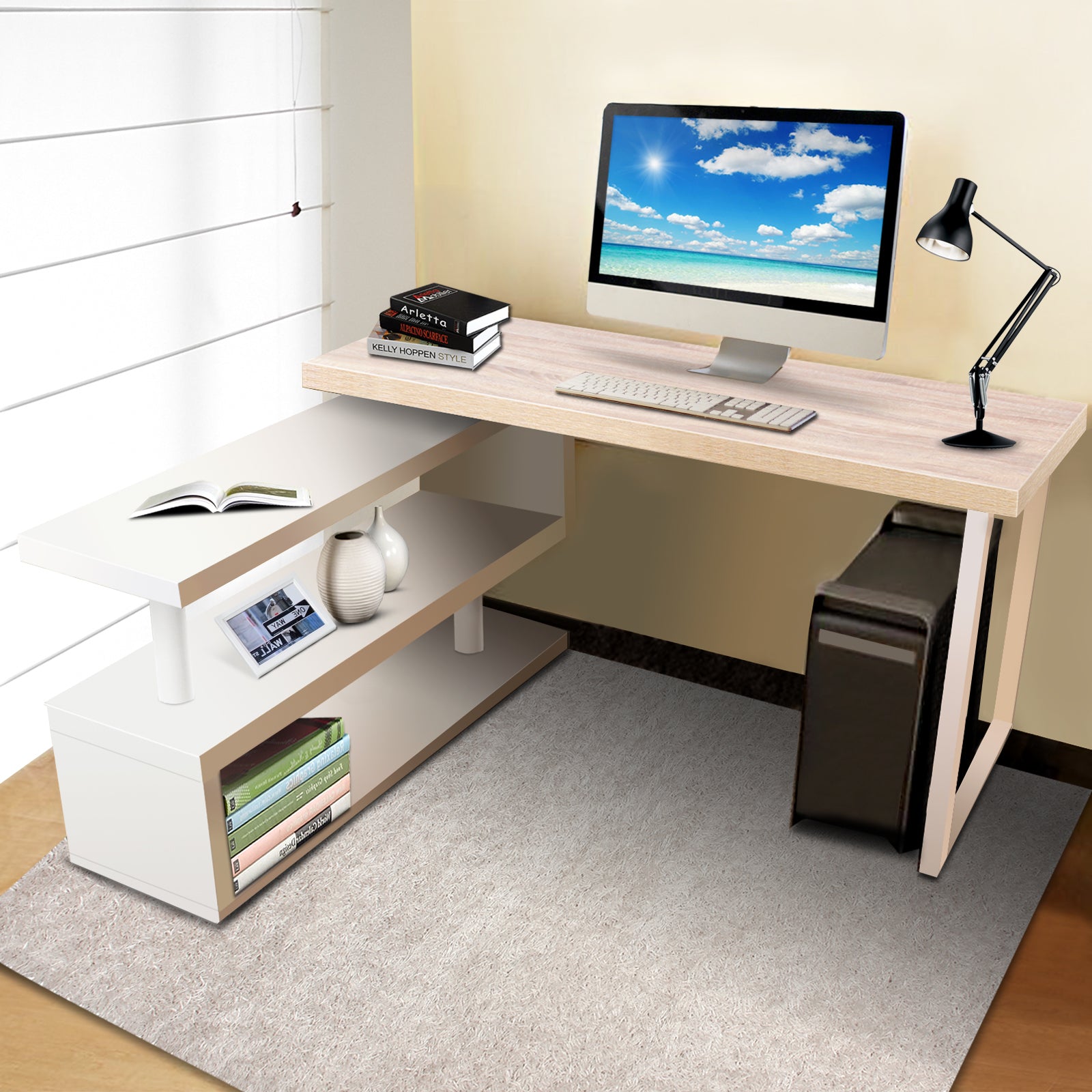 Rotary Corner Desk with Bookshelf - Brown & White - image6