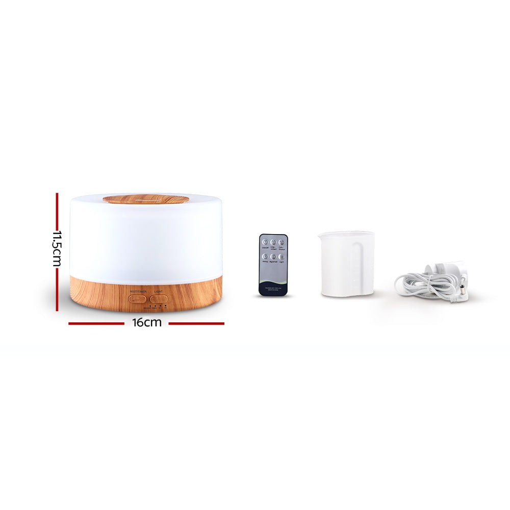 Aroma Diffuser Aromatherapy LED Night Light Air Humidifier Purifier Round Light Wood Grain 500ml Remote Control - image2