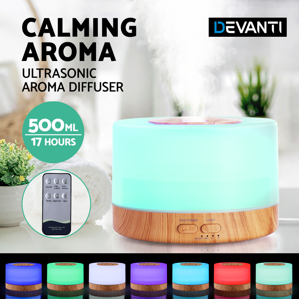 Aroma Diffuser Aromatherapy LED Night Light Air Humidifier Purifier Round Light Wood Grain 500ml Remote Control - image4