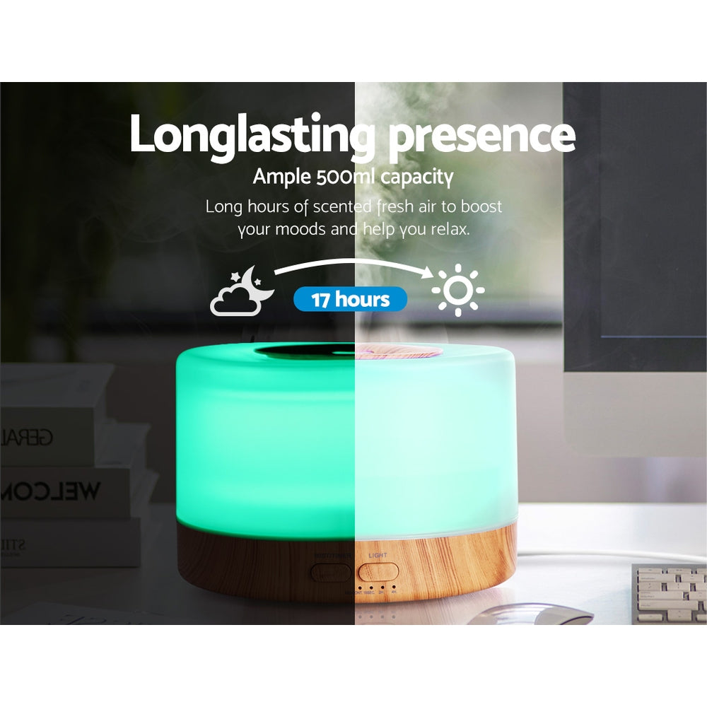 Aroma Diffuser Aromatherapy LED Night Light Air Humidifier Purifier Round Light Wood Grain 500ml Remote Control - image5