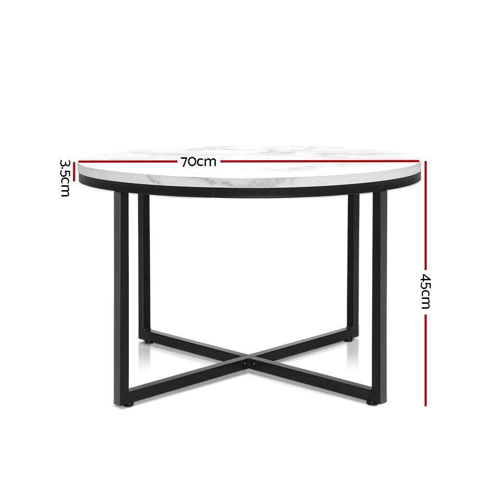 Coffee Table Marble Effect Side Tables Bedside Round Black Metal 70X70CM - image2