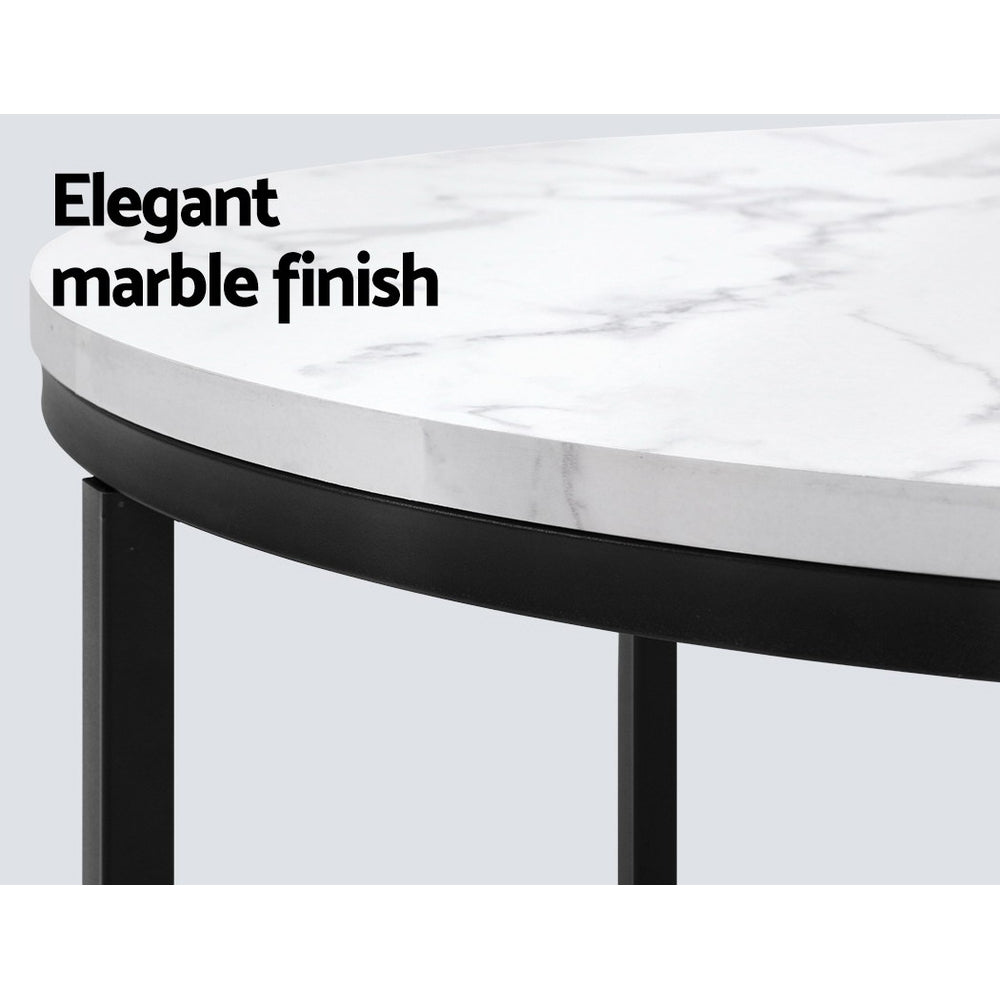 Coffee Table Marble Effect Side Tables Bedside Round Black Metal 70X70CM - image3