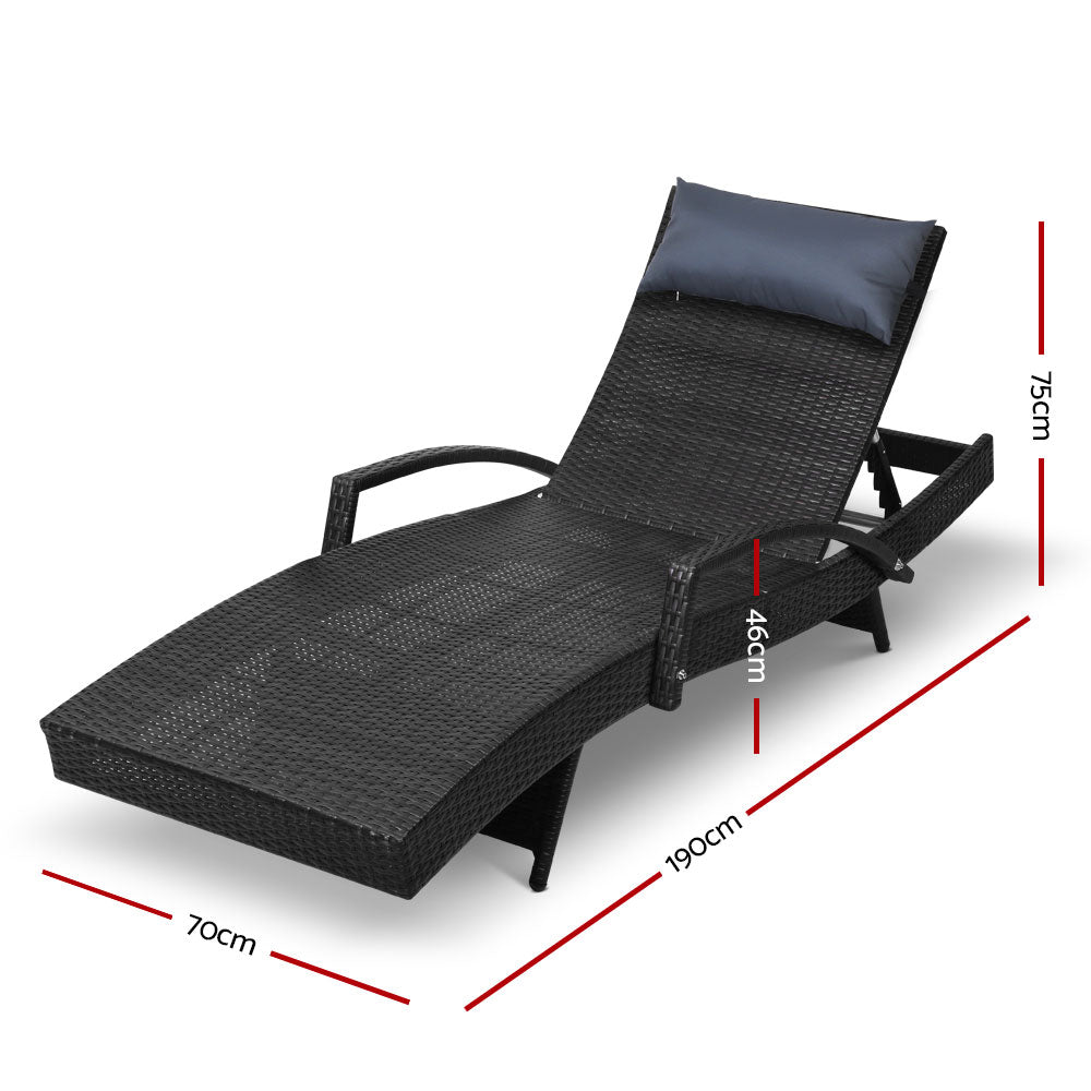 Set of 2 Sun Lounge Outdoor Furniture Wicker Lounger Rattan Day Bed Garden Patio Black - image2