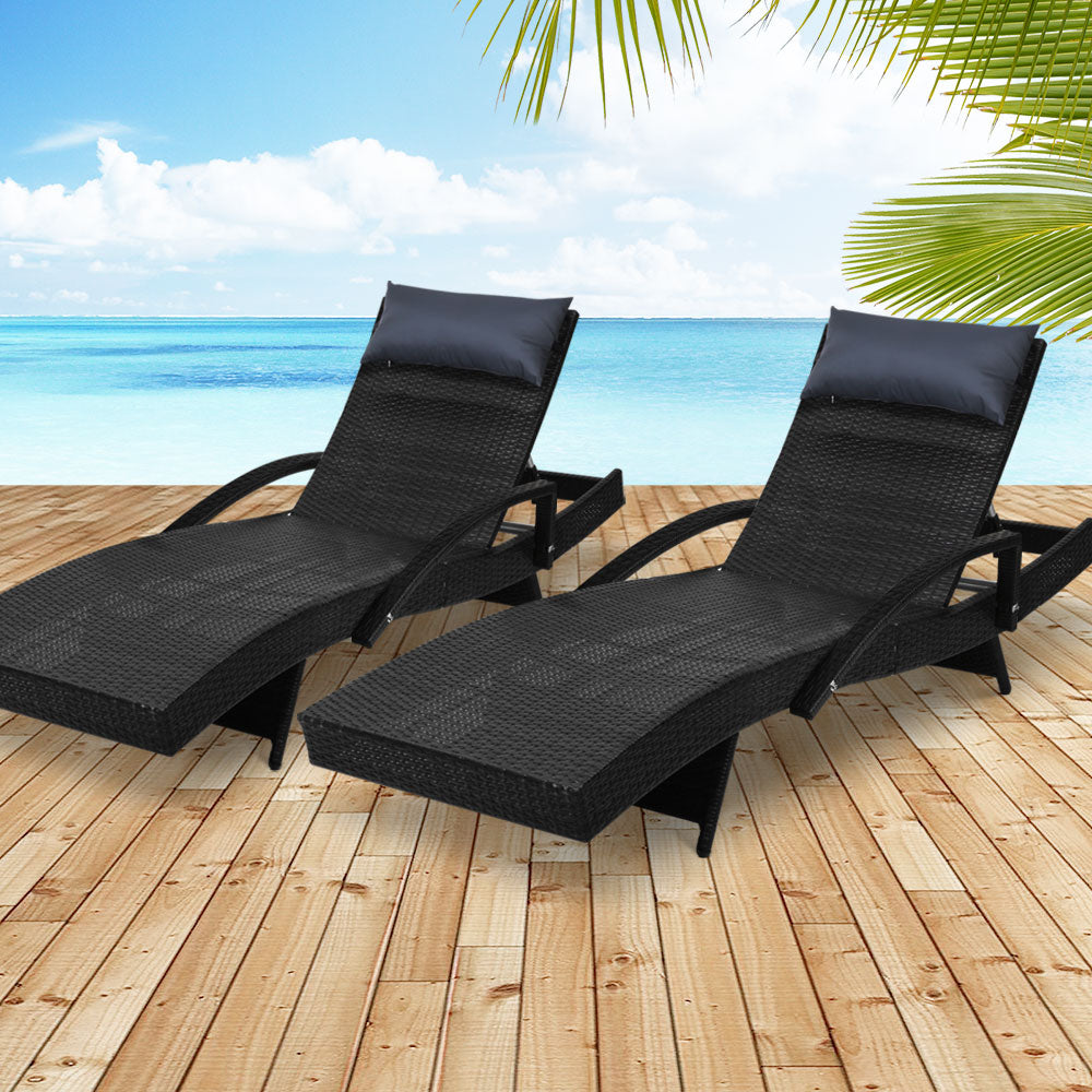 Set of 2 Sun Lounge Outdoor Furniture Wicker Lounger Rattan Day Bed Garden Patio Black - image7