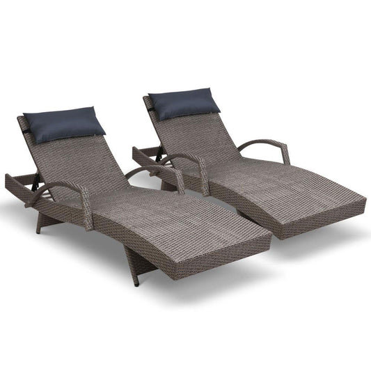 Set of 2 Sun Lounge Outdoor Furniture Wicker Lounger Rattan Day Bed Garden Patio Grey - image1