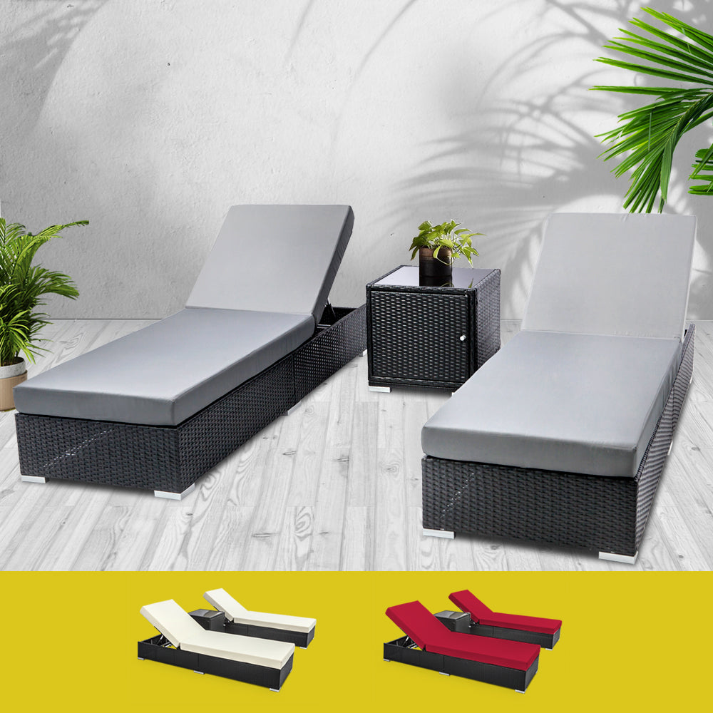 Outdoor Sun Lounge Wicker Lounger Setting Day Bed Chair Pool Furniture Rattan Sofa Cushion Garden Patio 3pc Black Frame - image7