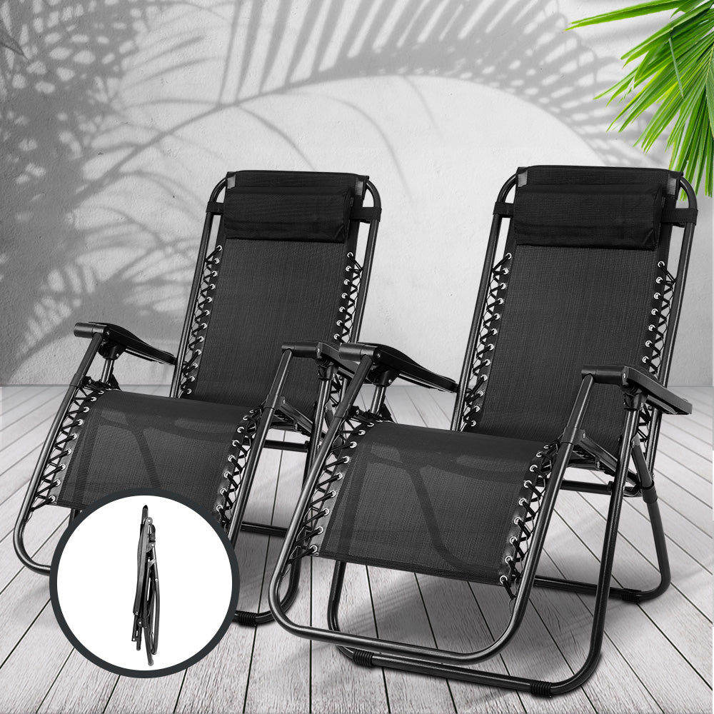 Set of 2 Zero Gravity Chairs Reclining Outdoor Furniture Sun Lounge Folding Camping Lounger Black - image7