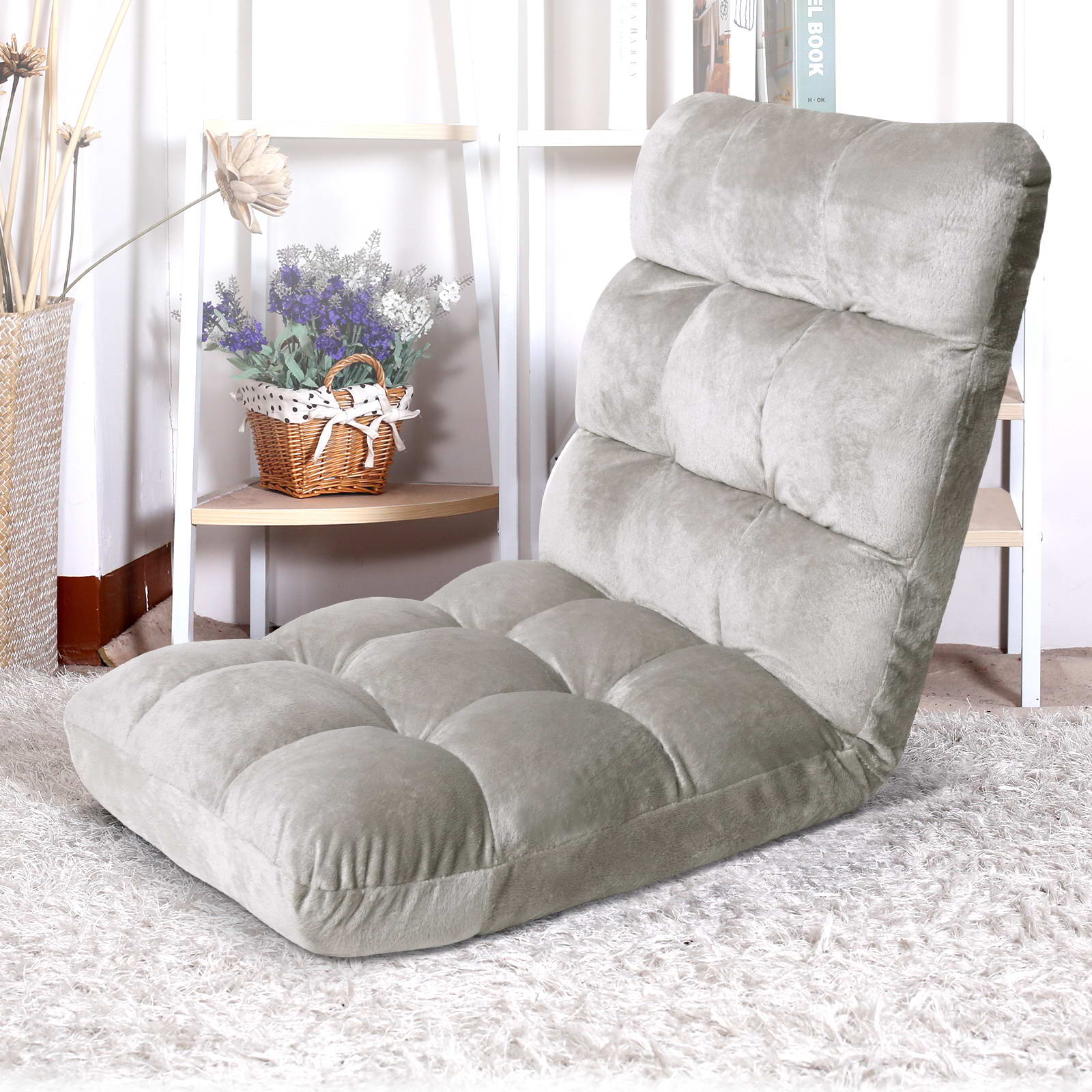 Lounge Sofa Floor Recliner Futon Chaise Folding Couch Grey - image7