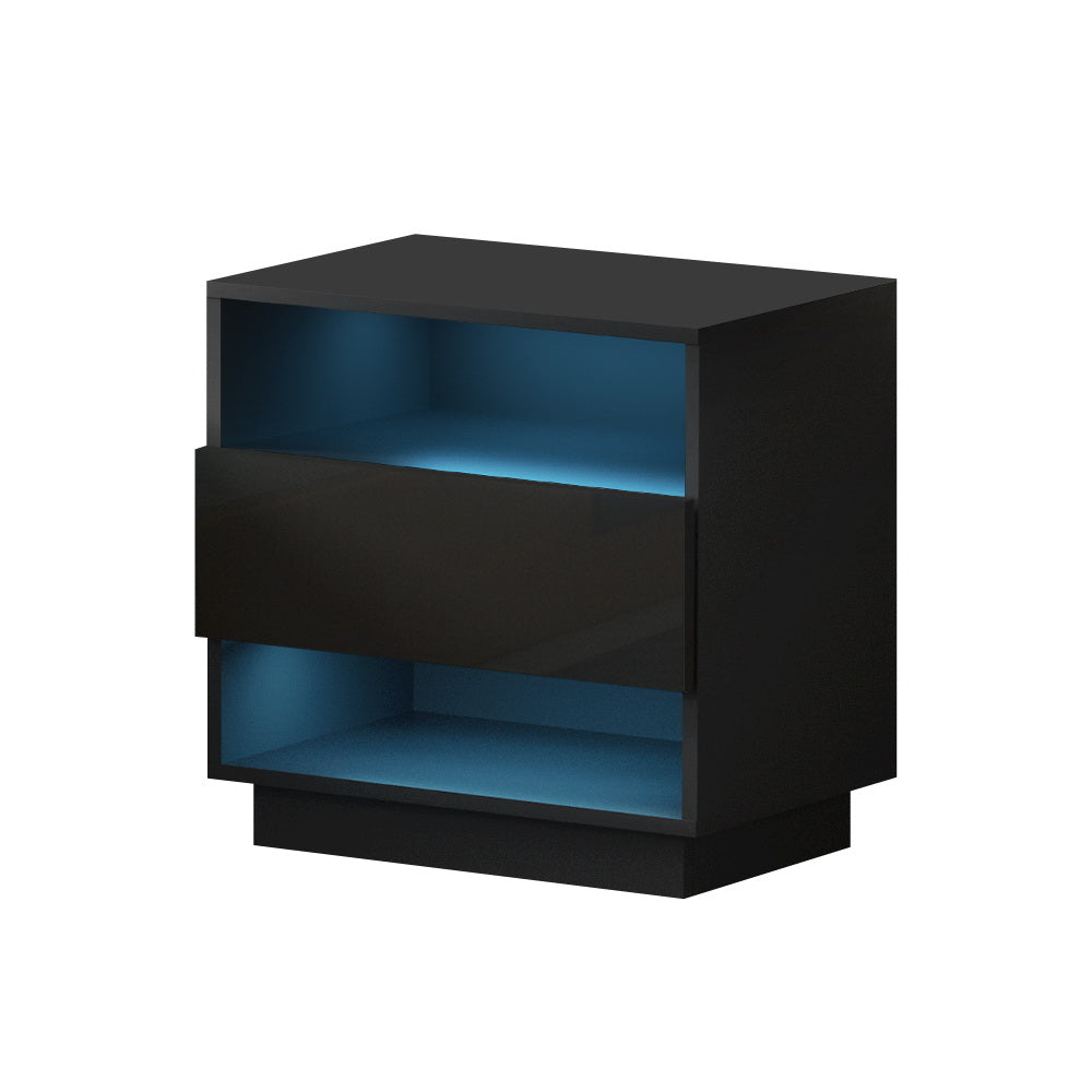 Bedside Tables Side Table RGB LED Drawers Nightstand High Gloss Black - image1