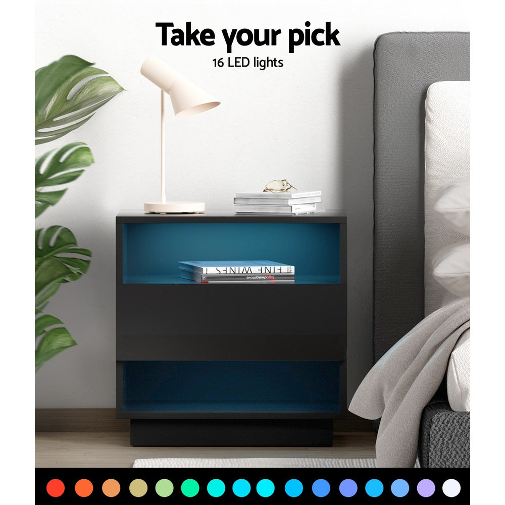 Bedside Tables Side Table RGB LED Drawers Nightstand High Gloss Black - image5