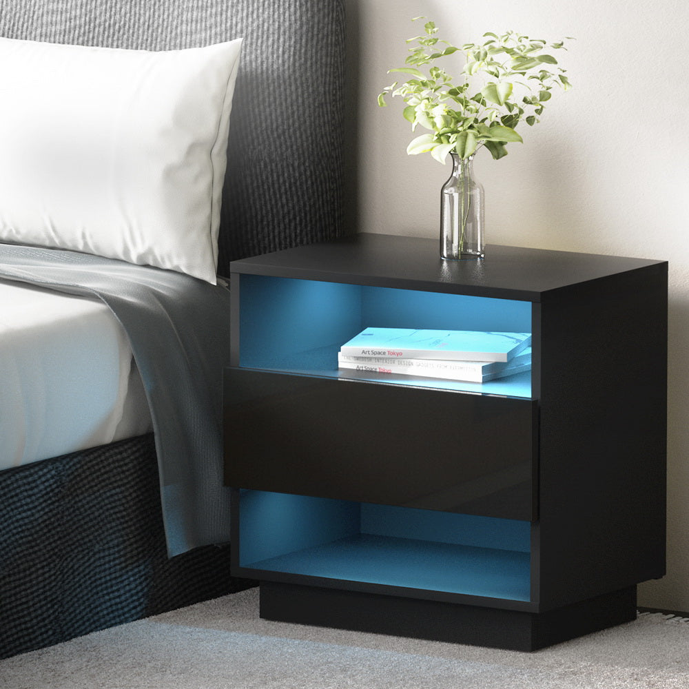 Bedside Tables Side Table RGB LED Drawers Nightstand High Gloss Black - image8