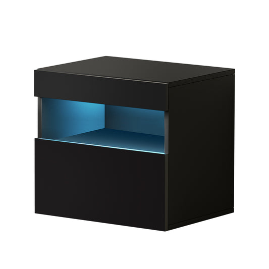 Bedside Tables Drawers Side Table RGB LED High Gloss Nightstand Black - image1